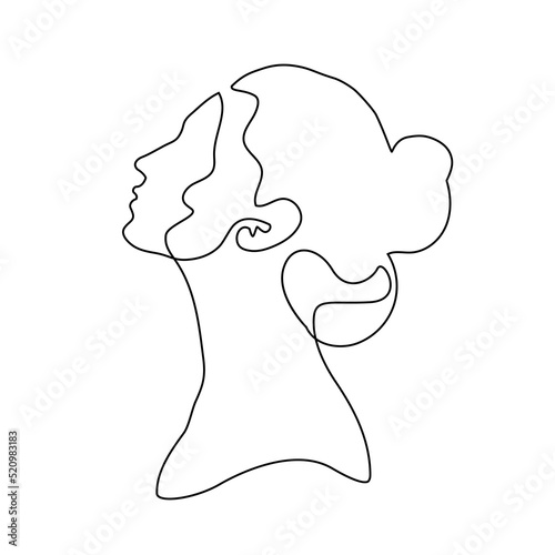 One line elegant woman face sketch. Continuous female face drawing minimalist line style. Print minimal fashion woman portrait with bun. Black and white beauty salon and cosmetics. logo vector.