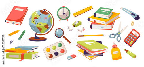 School supplies. Stacks of books, notebooks, writing supplies for the office and school. Back to school. Flat vector illustration
