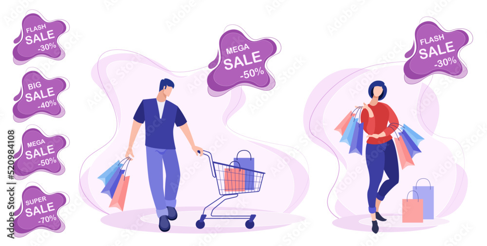 A man and a woman go shopping with a cart with bags and packages. Set of vector flat illustration concept of marketing, discount sale and shopping. Stickers price tags with promotion discounts
