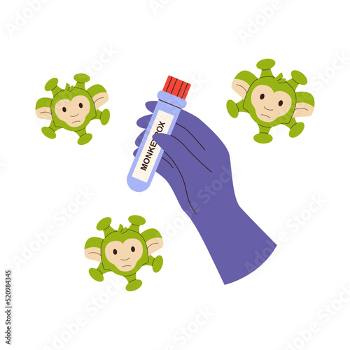 Doctor hand in a protective glove holding a test tube. Blood sample tube for monkey pox virus test. Monkeypox virus zoonotic, viral  infectious disease of animals. Infect human, nonhuman primates. 