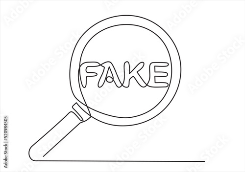 Continuous one line drawing of magnifying glass with fake. vector illustration