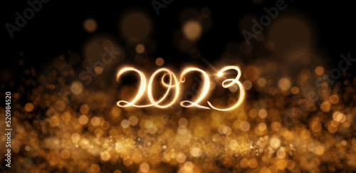 2023 golden fire light lines text new year background with yellow defocused blurred light effect bokeh. Vector eps10