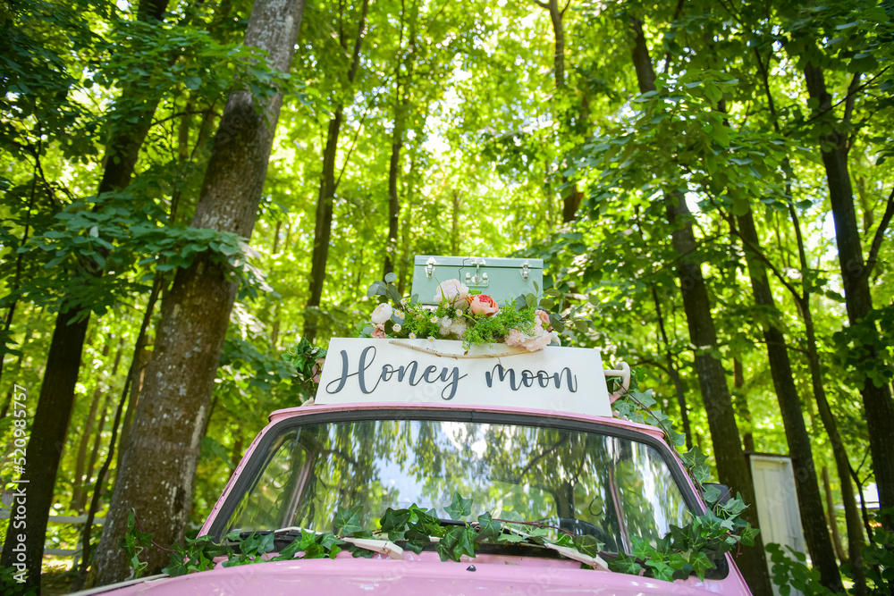 Wedding concept photo. A „Honey moon” message is placed on the roof of a pink vintage car with luggages on top of it. Beautiful view in the forest.