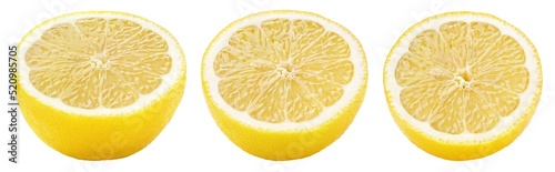 Set of half of yellow lemon citrus fruit isolated on white background with clipping path. Full depth of field.