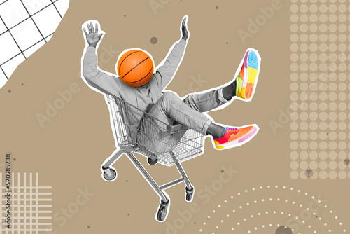 Exclusive painting magazine sketch image of funky funny guy basketball head siting in cart ride isolated on beige color background
