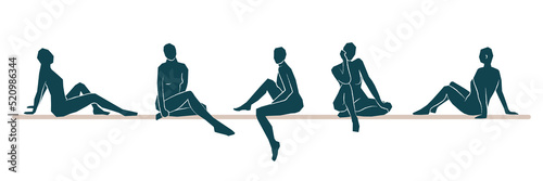 Abstract woman sitting pose set on white background. Hand drawn green silhouette. For home decoration, card, social media post, poster. Vector illustration, flat design