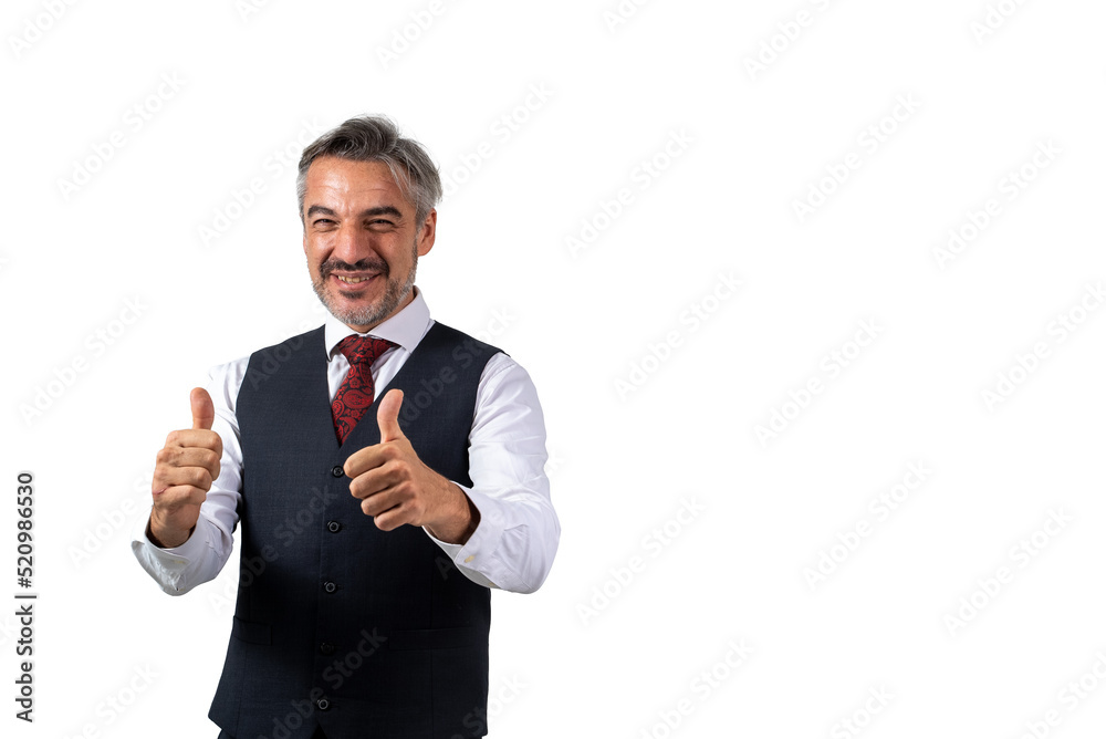 Portrait of senior Businessman standing in a suit without jacket, in waistcoat suit showing thumbs up gesture. isolated on white background. Portrait of senior Businessman standing in a suit without jacket, in waistcoat suit showing thumbs up gesture. isolated on white background.