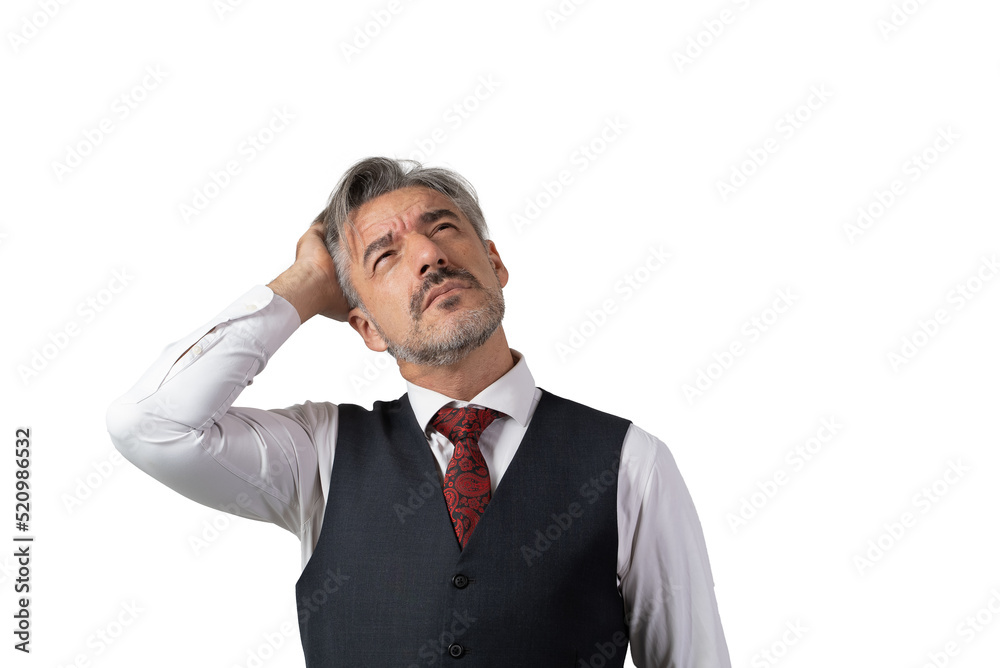 Portrait of senior Businessman standing in a suit without jacket, in waistcoat suit headache hands on forehead, stressed from work. isolated on white background. Portrait of senior Businessman standing in a suit without jacket, in waistcoat suit headache hands on forehead, stressed from work. isolated on white background.