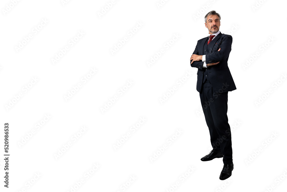 Full length portrait of senior Businessman standing in elegant blue suit with arms crossed. isolated on white background with copy space. Full length portrait of senior Businessman standing in elegant blue suit with arms crossed. isolated on white background with copy space.