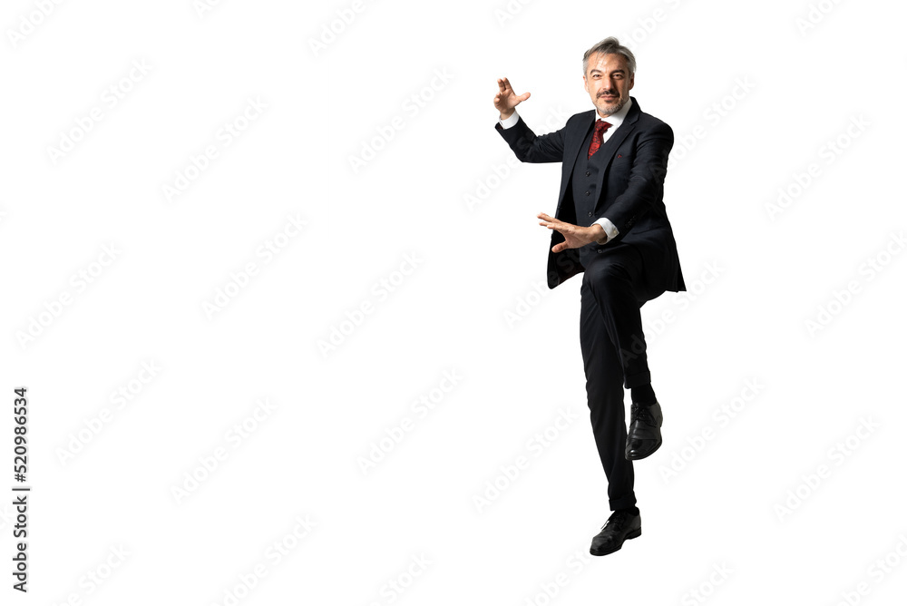 Full length portrait of senior Businessman in elegant blue suit standing in Kung-Fu posture. isolated on white background with copy space.