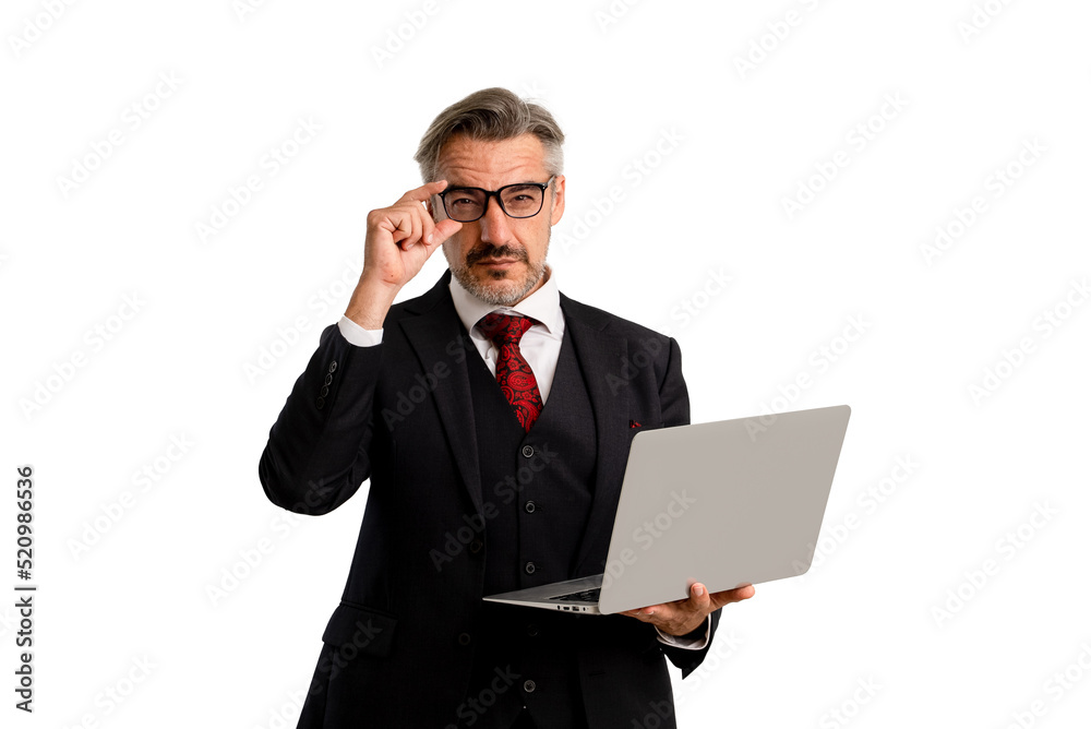 Portrait of Businessman in elegant blue suit wearing eye glasses keeping hand on glasses. isolated on white background with copy space. Portrait of Businessman in elegant blue suit wearing eye glasses keeping hand on glasses. isolated on white background with copy space.