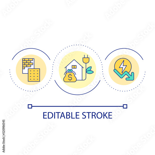 Constructing energy efficient buildings loop concept icon. Building materials. Technologies abstract idea thin line illustration. Isolated outline drawing. Editable stroke. Arial font used