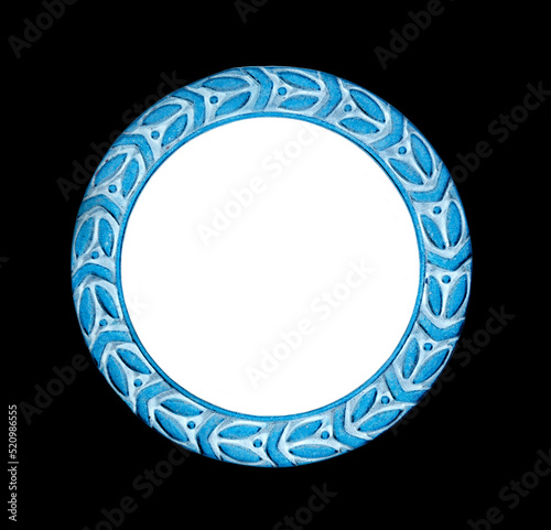 Vintage blue frame isolated on black background with white circle  for text or other inside .