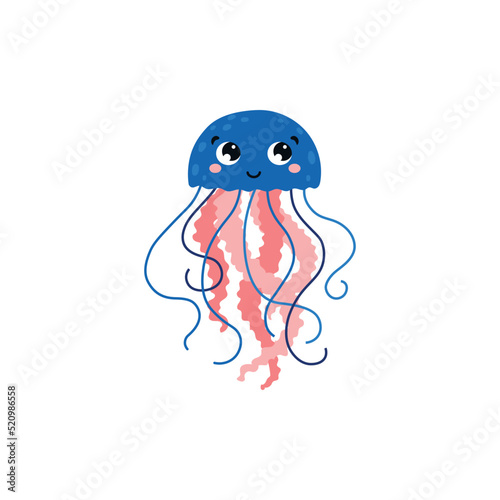 Happy smiling cartoon sea or ocean jellyfish flat vector illustration isolated.
