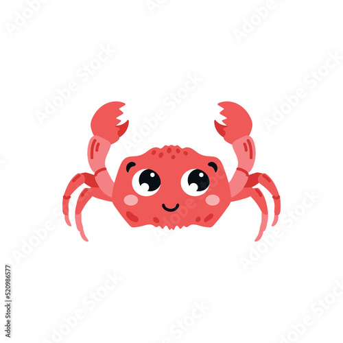Funny smiling sea crab with cute kawaii face flat vector illustration isolated.