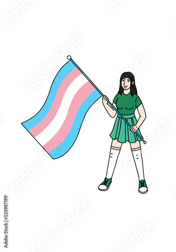 Happy White young woman holding big Trans Flag (LGBT Pride Flag). Character representing LGBTQ Community.