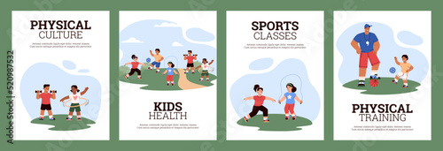 Set of poster templates, children physically train, vector flat illustration.