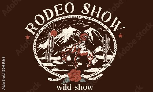 Rodeo show print design for t-shirt. Cowgirl vintage artwork for poster, sticker, background and others. Wild life illustration. Horse show at the beach artwork.