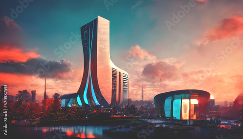 Abstract futuristic future city, beautiful sunset. Urban modern landscape. High-rise buildings. Unreal world. 3D illustration.
