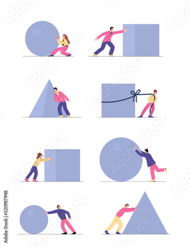 Business men and women pushing and pulling heavy stones, flat vector illustration isolated on white background.