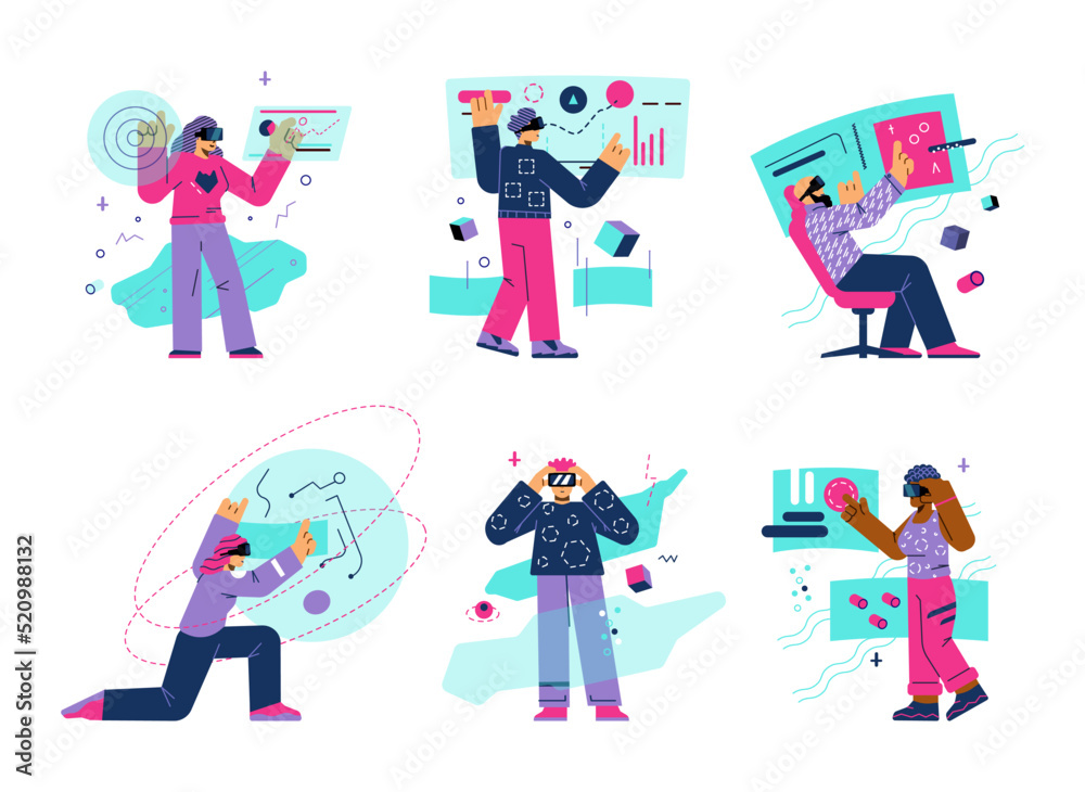 Metaverse technology users in Digital VR glasses, vector illustration isolated.