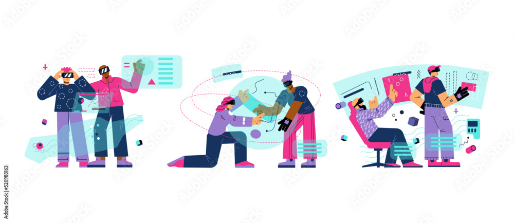 Group of people researching metaverse flat style, set