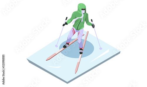 Cross-country skiing. Cross country skier. Winter sports activity. Young advanced man on ski. Isometric vector illustration.