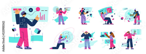 Set of people in VR glasses researching metaverse flat style