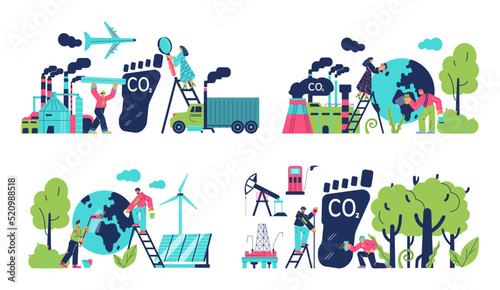 Set of scenes with people about carbon footprint reduction flat style