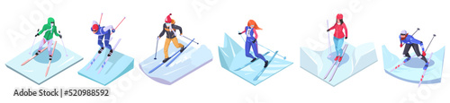 Cross-country skiing. Set of cross country skiers. Winter sports activity. Young advanced man and woman skier on ski. Isometric vector illustration.