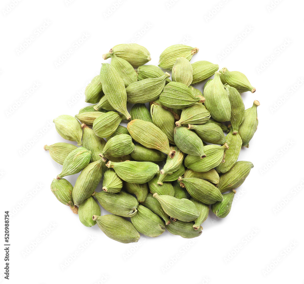 Pile of dry cardamom seeds on white background, top view Pile of dry cardamom seeds on white background, top view