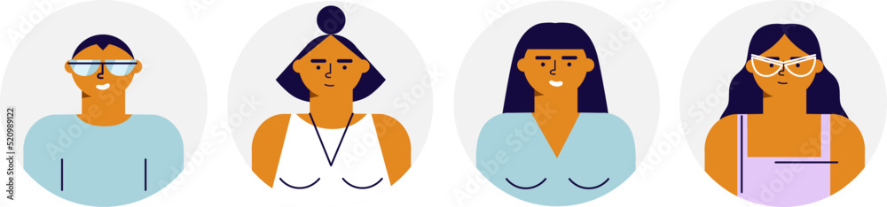 Profile icons set including men and women. People in different avatars. Icons for games, online communities, web forums. Vector illustration in cartoon flat style