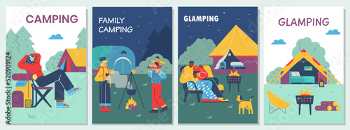 Set of vertical banner or poster templates about camping and glamping flat style