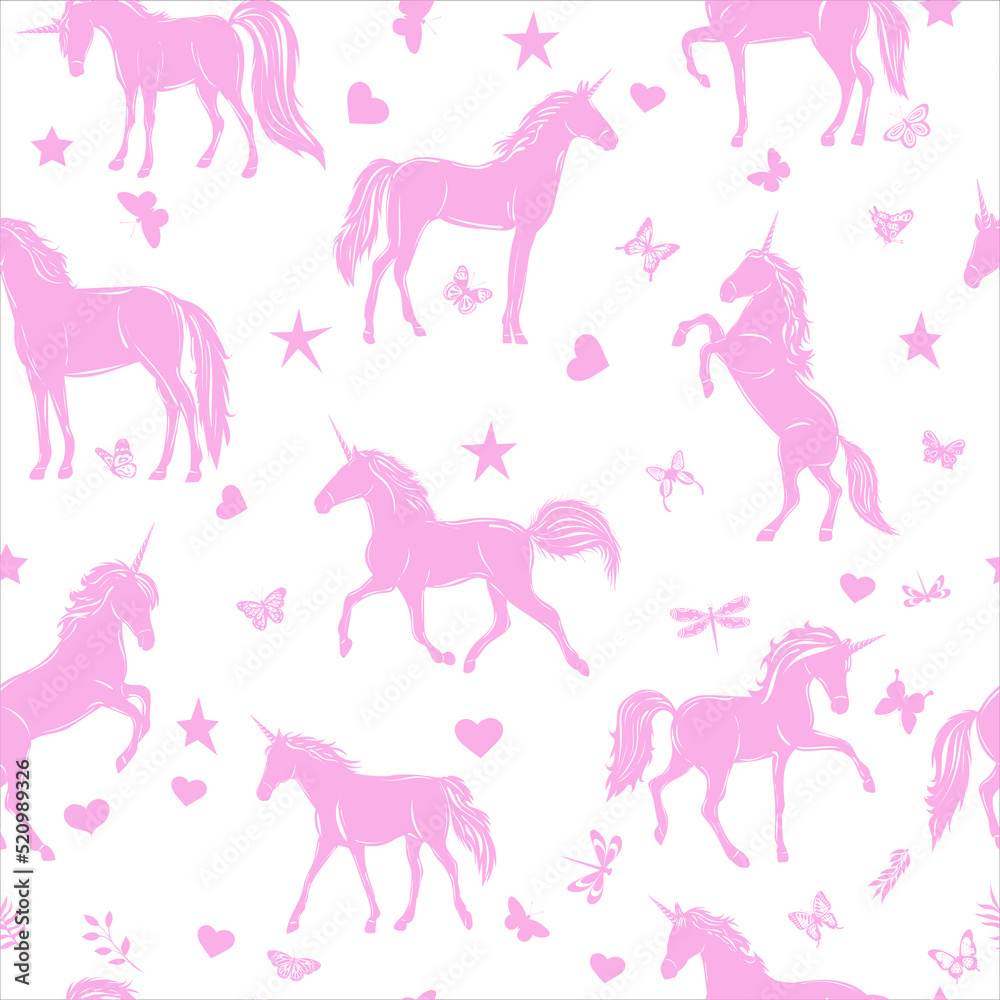 unicorns pink, stars seamless white background, vector