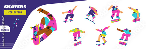 Set of jumping skater characters flat style, vector illustration
