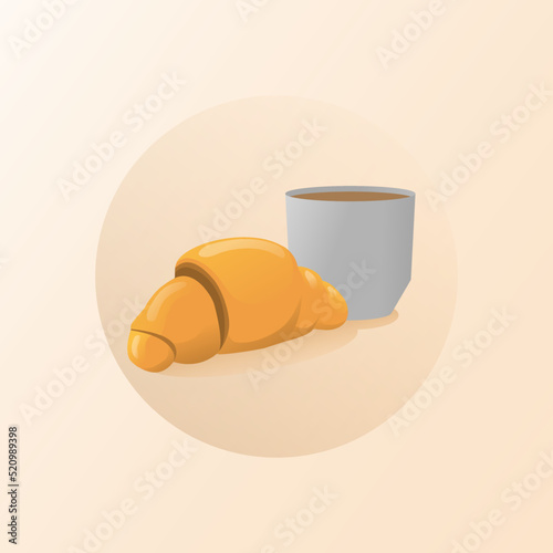 one croissant and cup of coffee in a circle on beige background