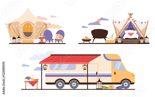 Glamping tents and caravan with amenities, luxury camping - flat vector illustration isolated on white background.