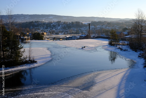 Frozen river in Winter, Honefoss, Buskerud, Norway