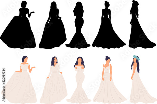 bride silhouette set on white background isolated, vector