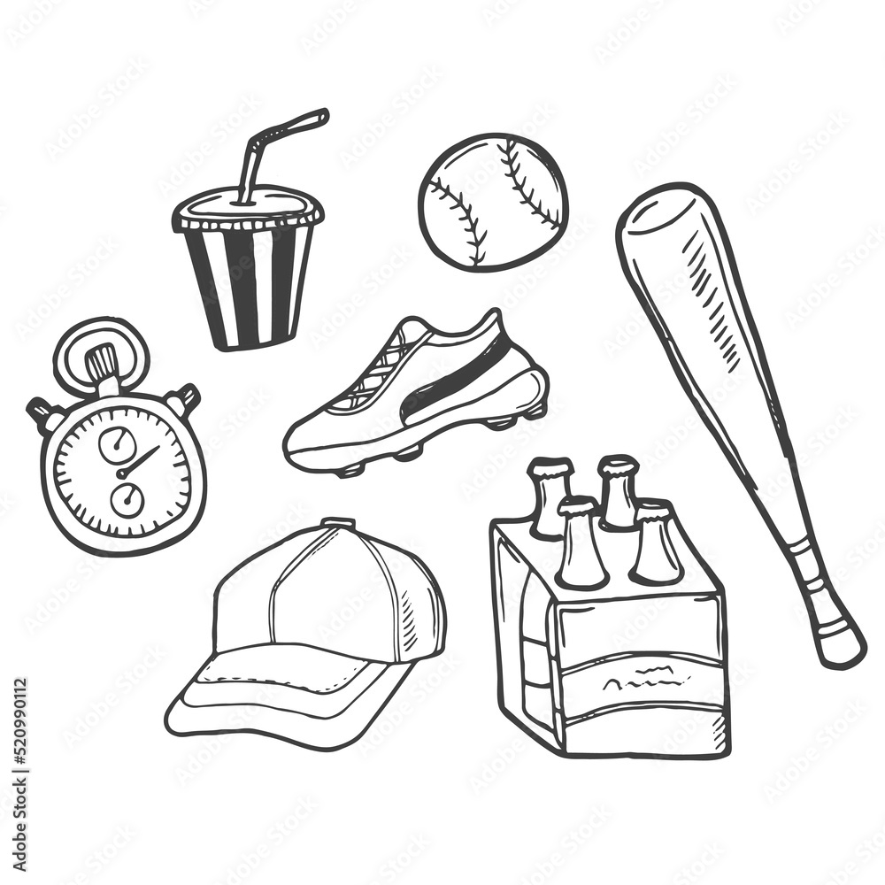 Baseball doodle set. Special equipment, player's clothing, field, ball