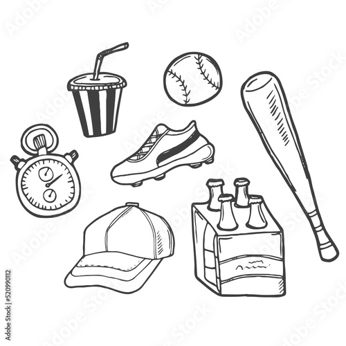 Baseball doodle set. Special equipment, player's clothing, field, ball, mitt. Hand drawn vector illustration isolated over white background. Coloring book