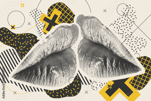 Kissing Halftone Woman Lips On Bright Background. Vector Collage With Universal Graphic Elements, Geometric Shapes, Dotted Object For Your Design