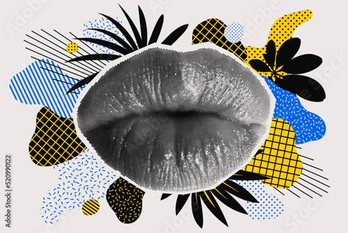 Halftone Woman Lips On Bright Background with Shapes