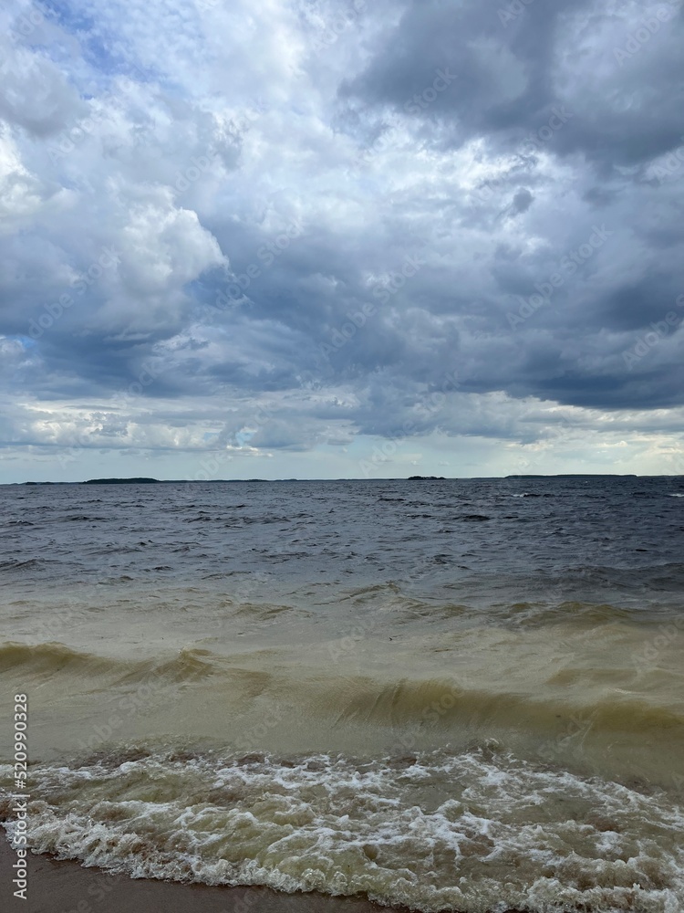 Sandy coastline of the forest lake, cloudy sky, dramatic landscape Sandy coastline of the forest lake, cloudy sky, dramatic landscape