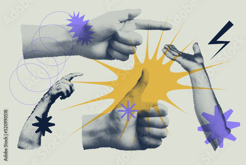 Set Of Halftone Human Hands in different poses