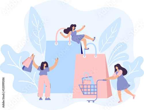 Sales during shopping and purchase concept tiny people. Happy young women flat character rolling shopping bags full of discount purchases shopping vector illustration flat black Friday