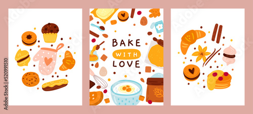 Bakery cards. Cooking process funny banners with pastries, dishes and kitchen accessories. Sweet products. Dessert food. Baked cookies and pancakes. Vanilla croissant. Garish vector set