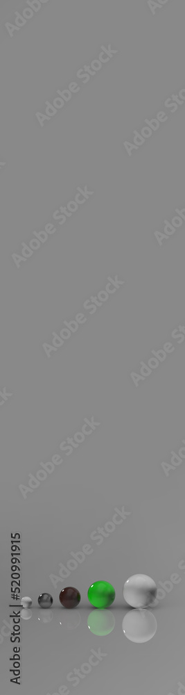 five glass balls of different sizes. the figures are in ascending order. texture of different colors. Vertical banner for insertion into site. Place for text cope space. 3D image. 3d rendering. five glass balls of different sizes. the figures are in ascending order. texture of different colors. Vertical banner for insertion into site. Place for text cope space. 3D image. 3d rendering.
