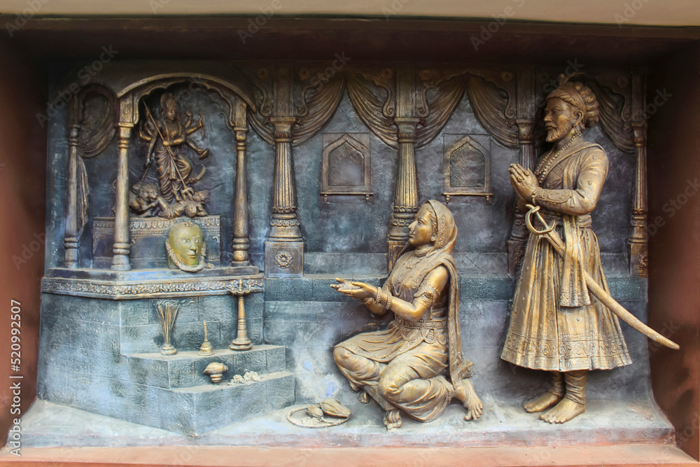 Maa Jijau And Shivaji Maharaj praying to Jagdamba Devi Sculpture, Shiv Shrushti Garden, Aptale Rd, Junnar, Maharashtra, India