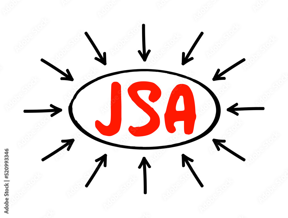 JSA - Joint Sales Agreement is an agreement authorizing a broker to sell advertising time for the brokered station in return for a fee paid to the licensee, acronym concept with arrows JSA - Joint Sales Agreement is an agreement authorizing a broker to sell advertising time for the brokered station in return for a fee paid to the licensee, acronym concept with arrows